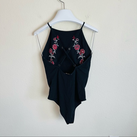 Forever 21 Black Embroidered Red Roses Criss Cross Back Bodysuit - Picture 2 of 12